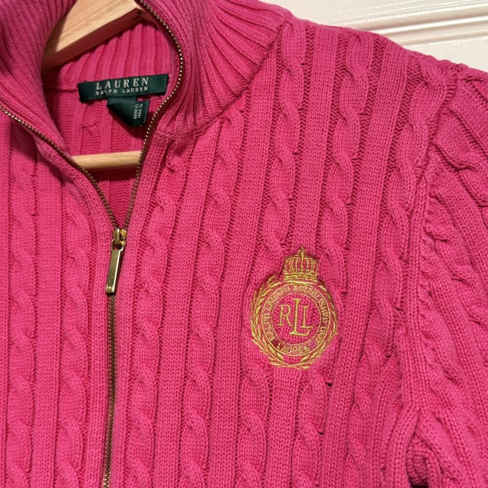 LRL Bright Pink Cable Knit Zip Cardigan Logo Womens SIZE MEDIUM Vtg Sweater READ